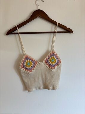 Zara Cream Ribbed Cropped Camisole with Pastel Crochet Details